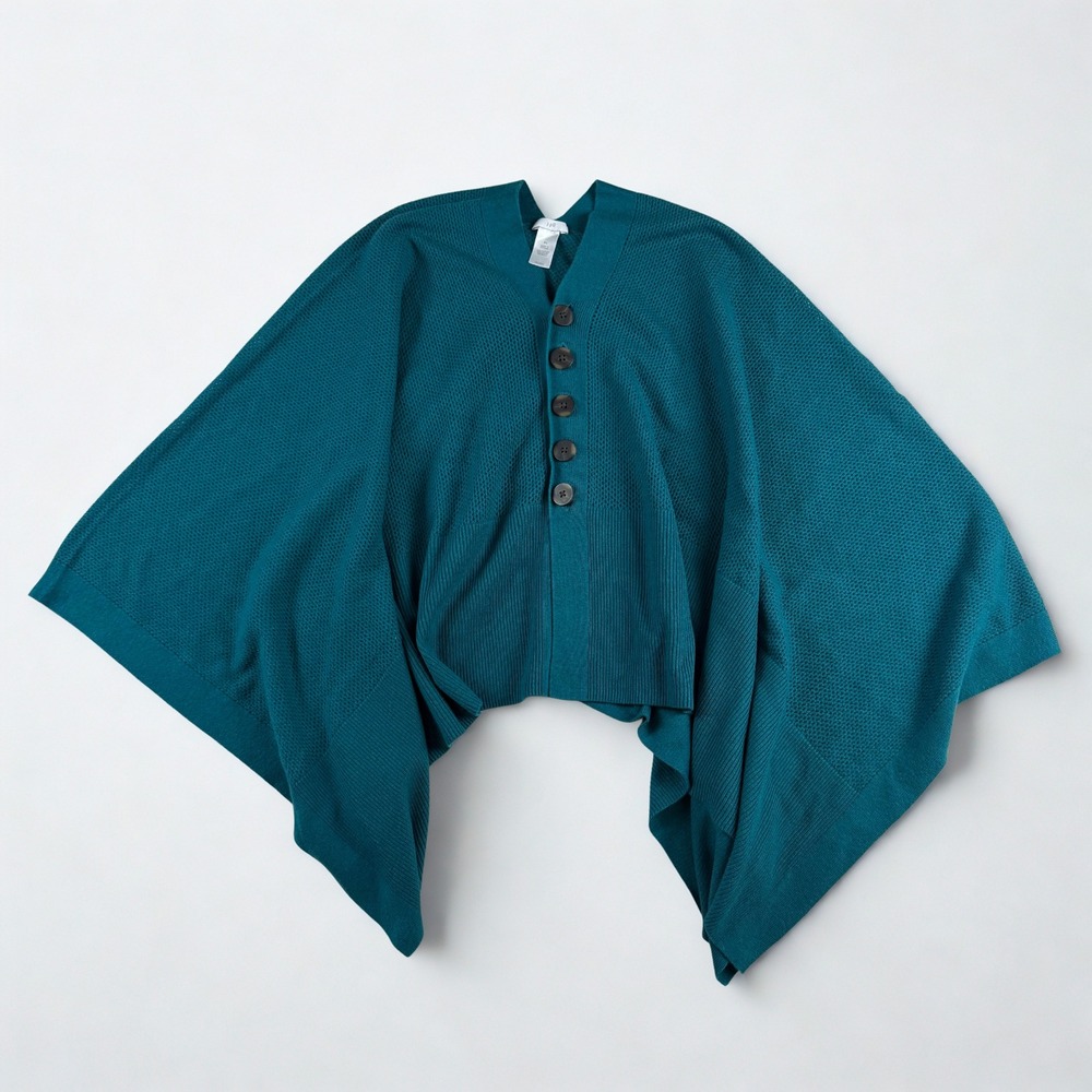 J. Jill Poncho Sweater Womens S-L Teal Blue Button Front Pointelle Knit Wool Bld